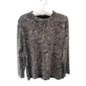 Zebra Print Long Sleeve Mock Neck Knit Top Black Beige | Medium